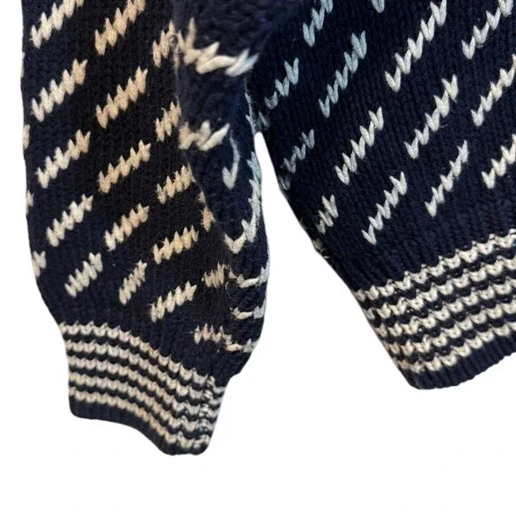 Men's 80's Eddie Bauer 100% Cotton Knit Blue Cream Birds Eye Crewneck Sweater XL - Picture 6 of 7